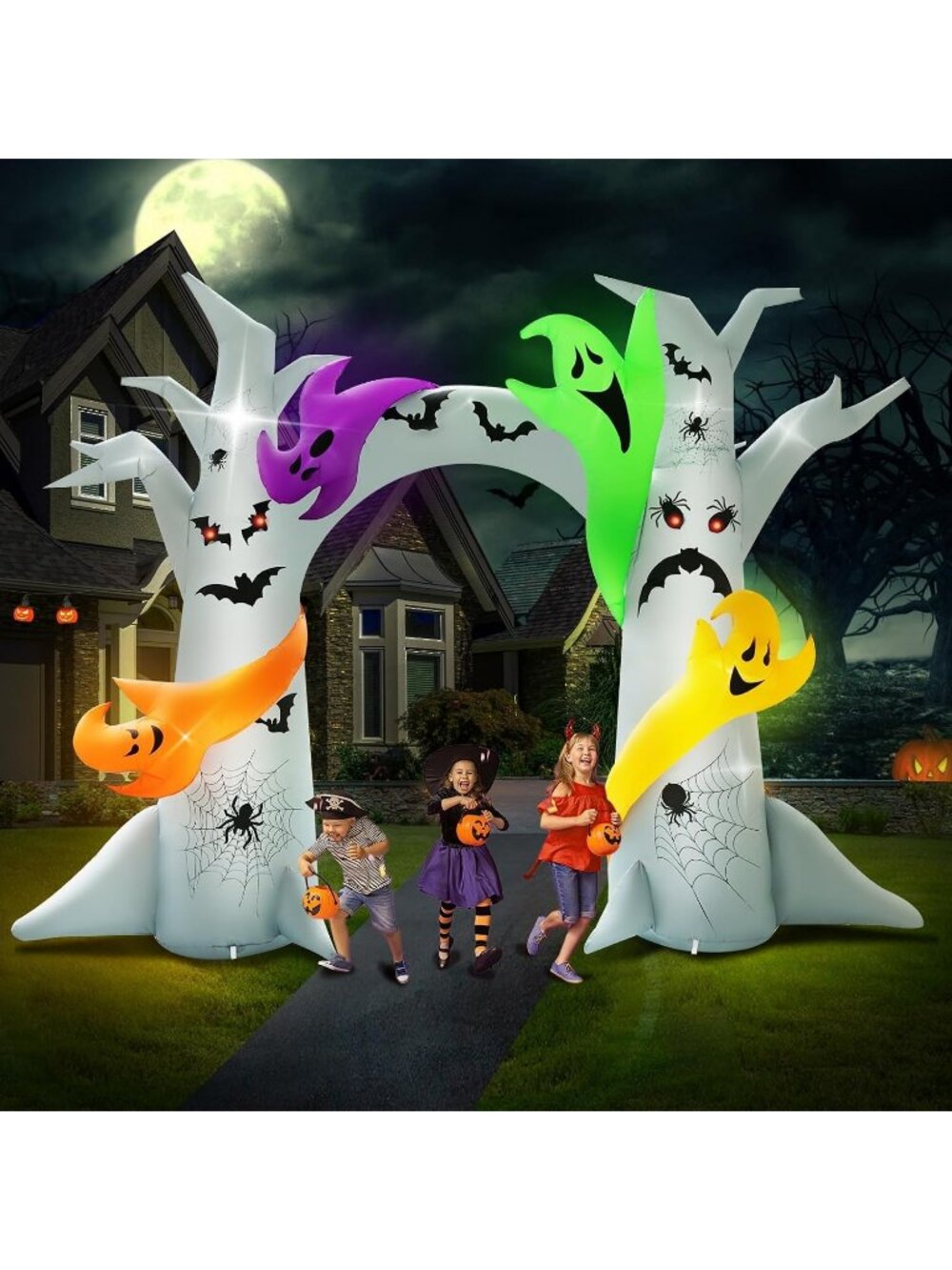 🎃14FT Length X 10FT Tall Halloween Tree Arch with 4 Colorful Ghosts Outdoor Dec